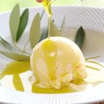 A single scoop of vanilla bean olive oil ice cream