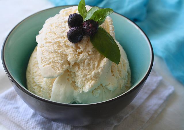 Vanilla Bean Ice Cream in a bowl topped with fresh berries