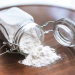 A jar of corn-free baking powder made from cream of tartar, baking soda and arrowroot powder