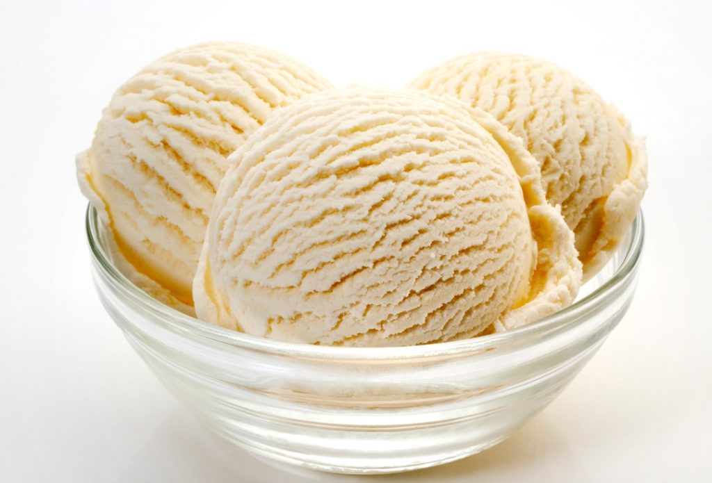 A bowl with 3 scoops of French Vanilla Ice Cream