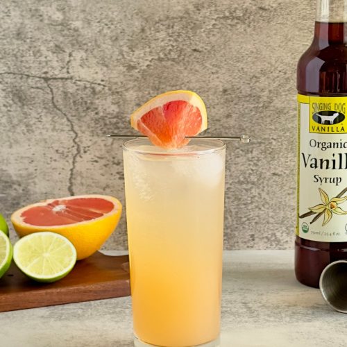 A vanilla Paloma made with all natural organic vanilla syrup from Singing Dog Vanilla