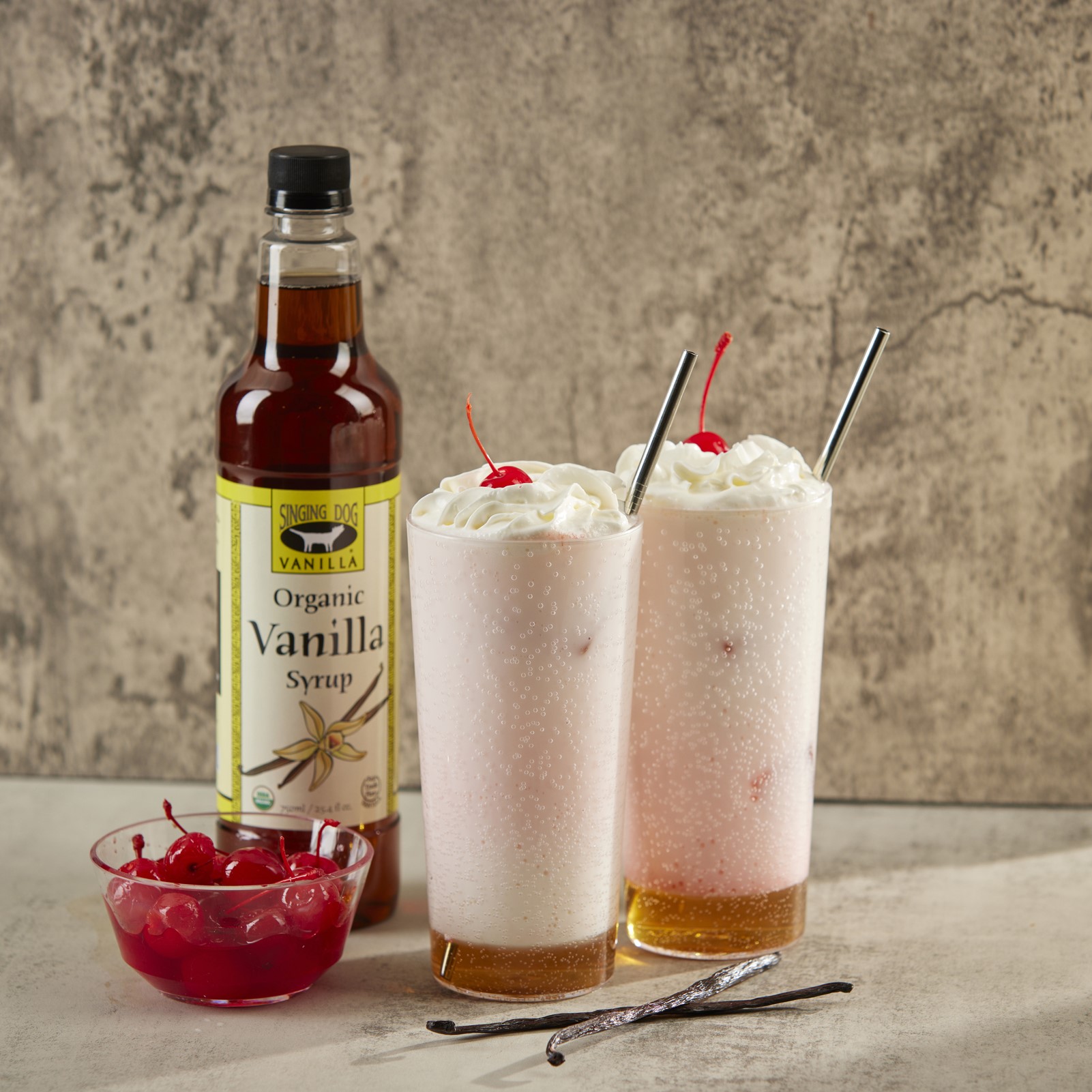 Vanilla Flavored Organic Syrup with two vanilla Italian Cream Soda