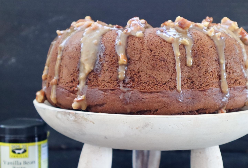 Vanilla Bean Bundt Cake made with pumpkin as a healthy baking substitute