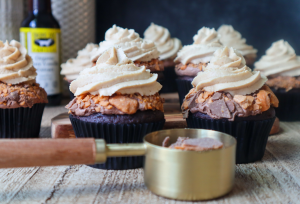 Butterfinger Chocolate Cupcakes made with Singing Dog Vanilla