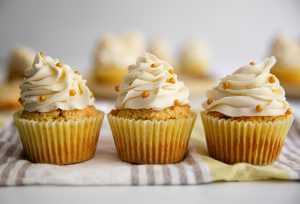 Grain Free, Gluten-Free vanilla cupcakes with vanilla buttercream frosting